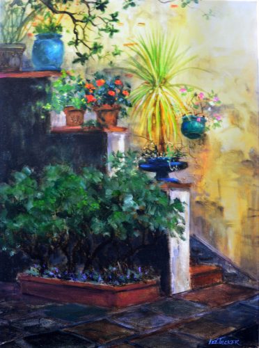 Basque Courtyard<br>giclee painting hand embellished by the artist<br>18" x 24" stretched canvas, $875.00, S/H $45.00