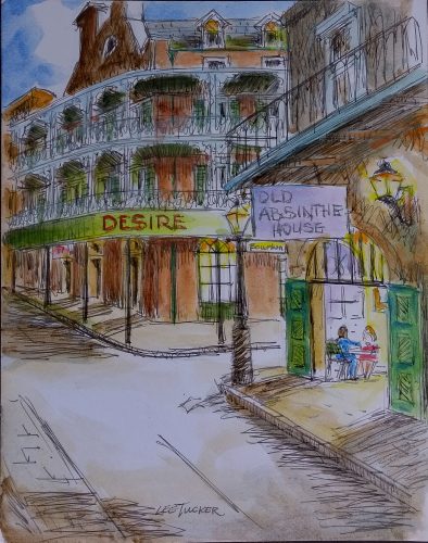 Bourbon St. In the French Quarter<br>original ink and watercolor painting<br>10" x 13" on acid free paper board<br>$225.00, S/H $18.00
