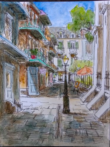 Pirates Alley ln the French Quarter<br>original ink and watercolor painting<br>10" x 13" on acid free paper board<br>$225.00, S/H $18.00