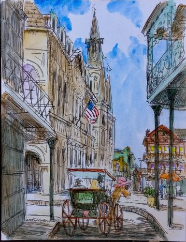 Jackson Square in the French Quarter<br>original ink and watercolor painting <br>10" x 13" on acid free paper board<br>$225.00, S/H $18.00