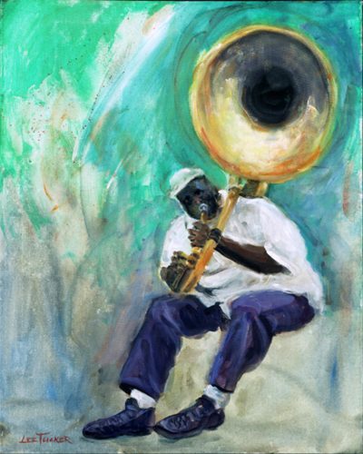 "Tuba Fats" <br>giclee painting hand embellished by the artist on 24"x30" stretched canvas<br>$950.00